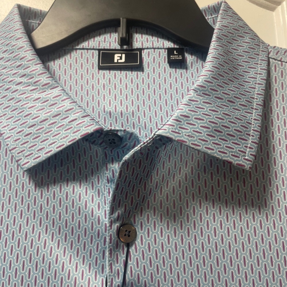 FootJoy‎ FJ Golf Polo Shirt Men Large Light Blue Pink Pattern Performance NWT - Picture 2 of 9